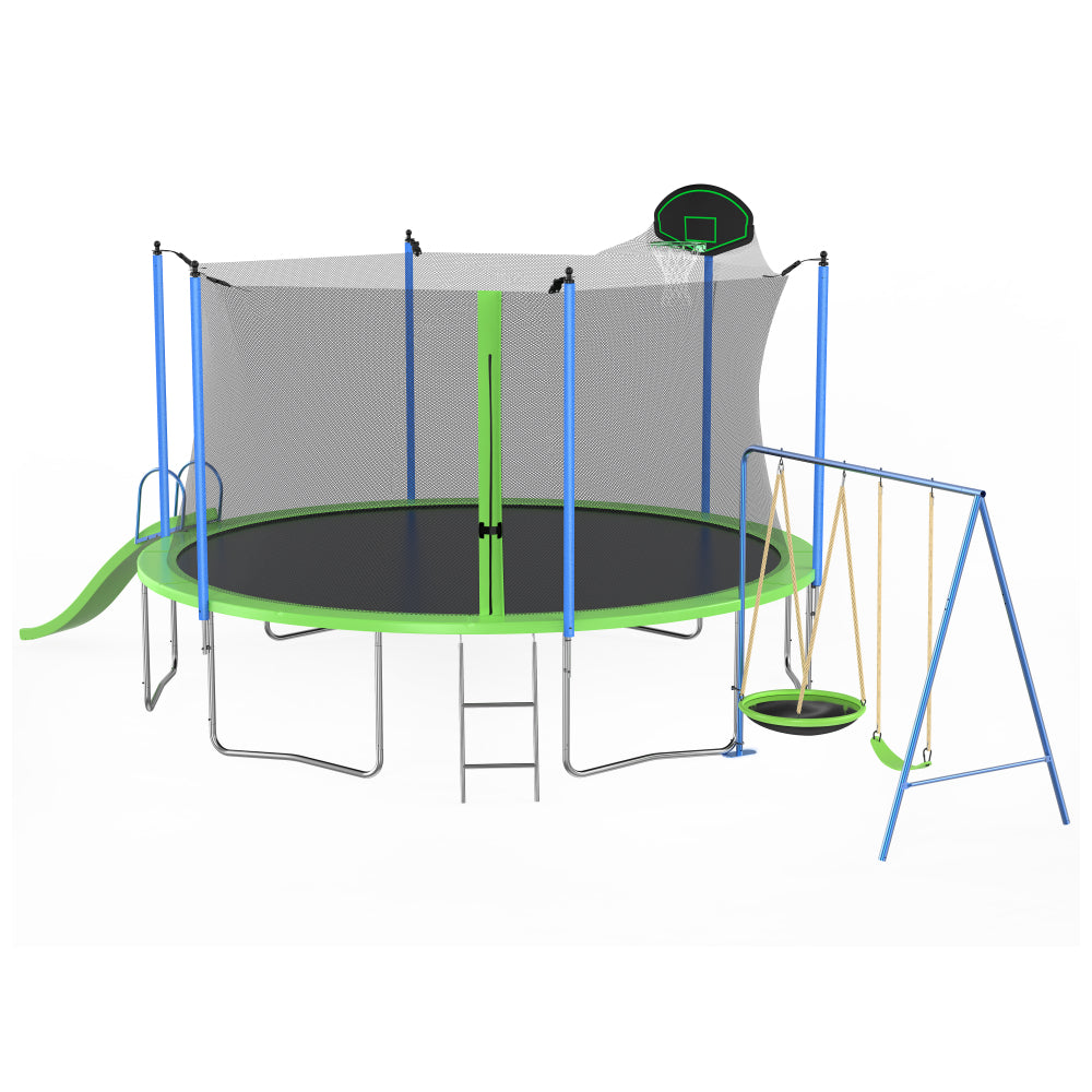14FT Trampoline with Slide and Swings, ASTM Approved Large Recreational Trampoline with Basketball Hoop and Ladder,Outdoor Backyard Trampoline with Net, Capacity for Kids and Adults