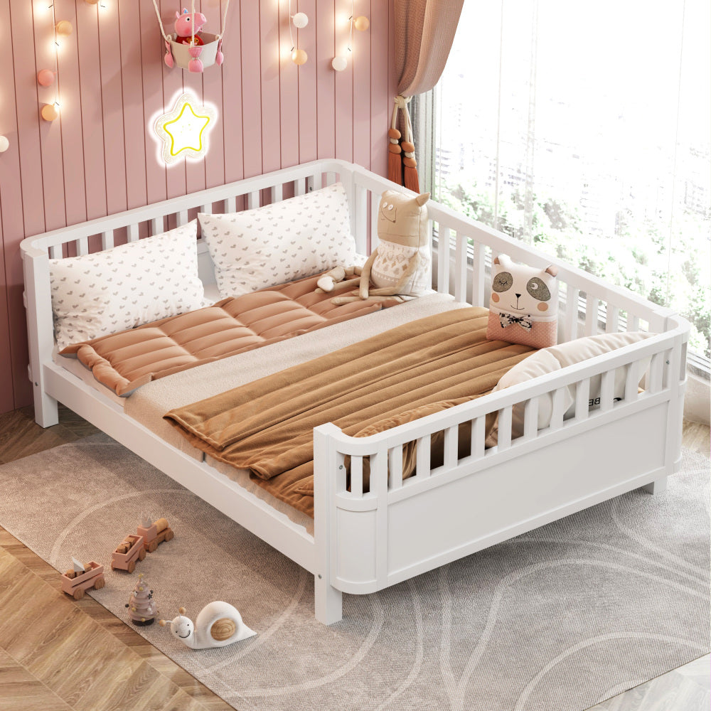 Twin Size Wood Platform Bed for Kids, Wood Low Profile Twin Bed with Rails for Girls and Boys, White (Patented Design)