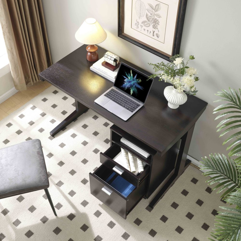 Home office desk with modesty panel and detached file cabinet on locking wheels with two drawers file drawer cubby shelf metal bar handle Red Cocoa color