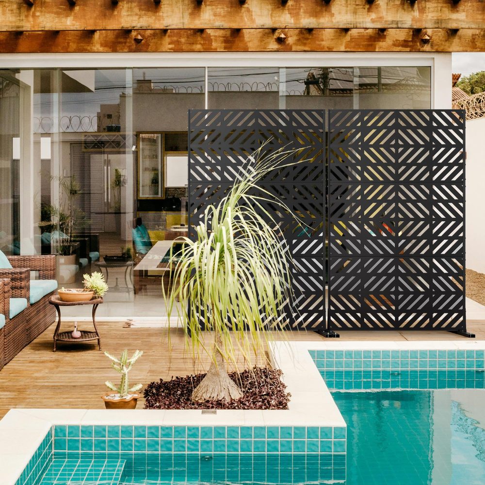 72'' x 44'' Balcony Privacy Screen ,Metal Patio Privacy Divider with Stand, Decorative Privacy Fence Screen for Garden, Fence, Balcony, Black