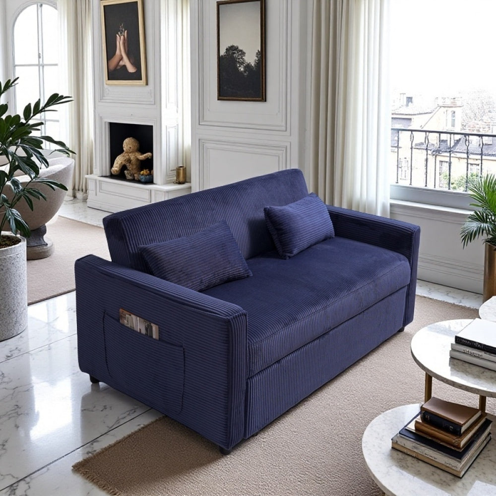 Futon Sofa Bed,3-in-1 Multi-Functional Corduroy Sleeper Couch Pull-Out Bed,Adjustable Backrest and Pillows,Convertible Sofa Bed for Living Room,Bedroom ((Blue)