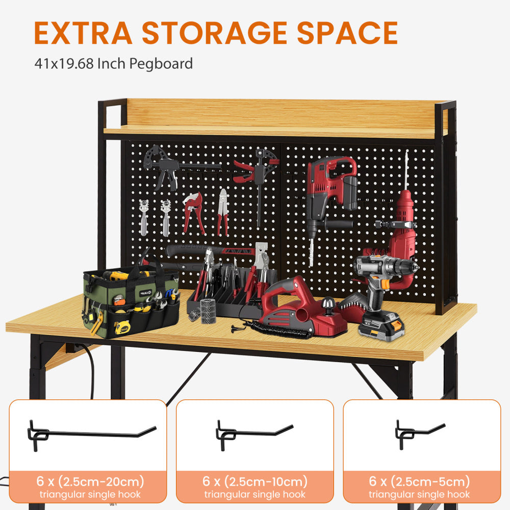 48''Adjustable Workbench with pegboard, Heavy Duty Wooden Desktop Workbench with Wheels, 1600 lb. Load Capacity, Rolling Workbench with AC/USB Outlet, Hooks, Shelf, for Garage, Workshop, Office, Home.