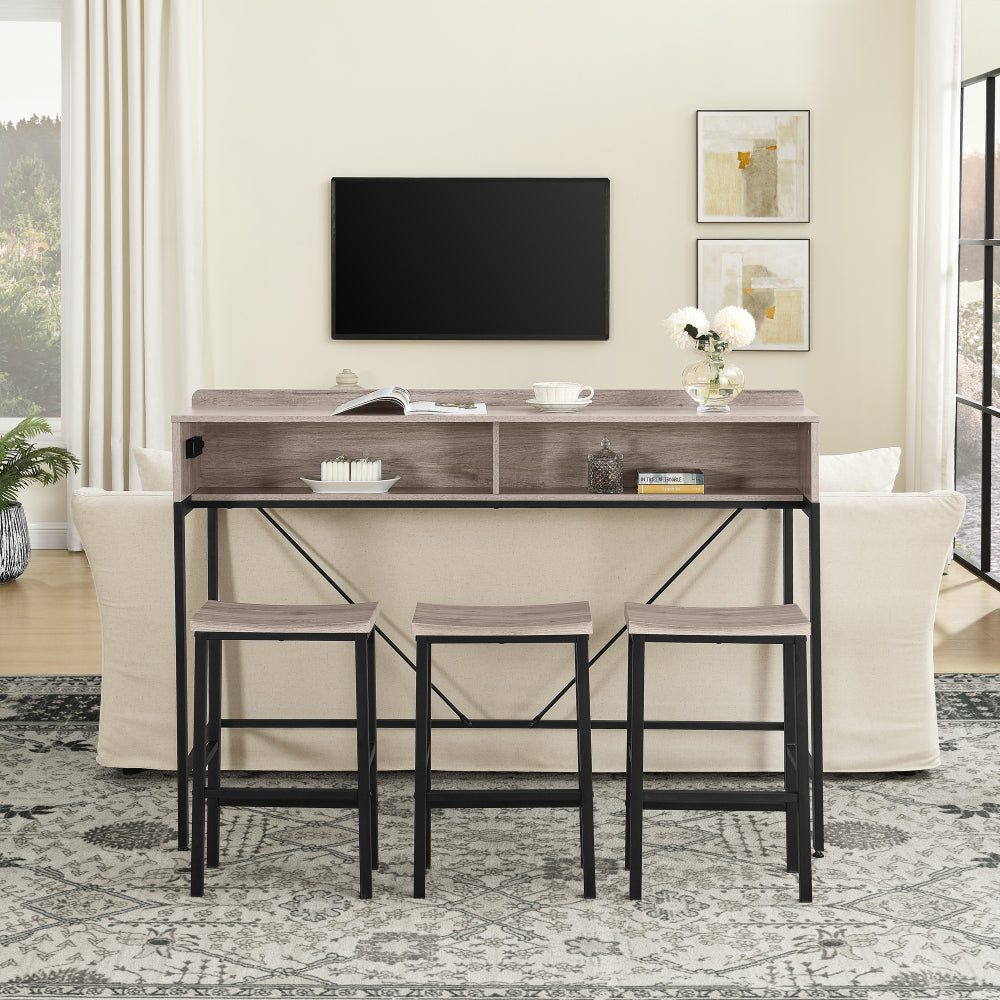 59 inch bar table, dining table, sofa table with power socket and LED light, 3 saddle stools, 4-piece bar table and chairs set for living room, dining room and kitchen