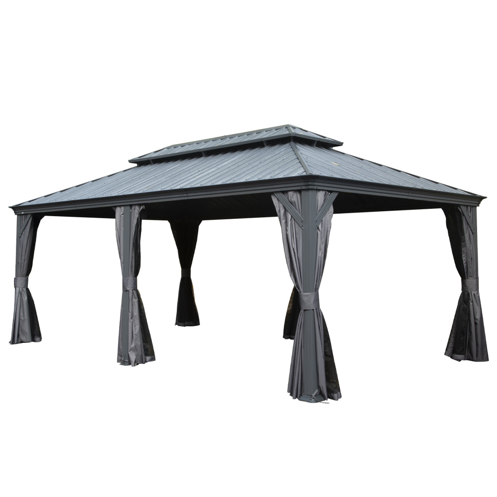 12' X 20' Hardtop Gazebo, Upgraded Metal Gazebo with Drainage System, Dual-Layer Galvanized Steel Roof, Curtain and Netting, Outdoor Shelter Canopy for Patio, Garden, and Backyard, Grey