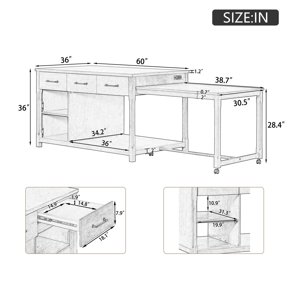 TREXM Extendable Kitchen Island with Storage, Multi-Functional Kitchen Cart with Built-In Power Outlets, Retro Kitchen Island on Wheels with Drawers and Open Shelves for Kitchen (Gray)
