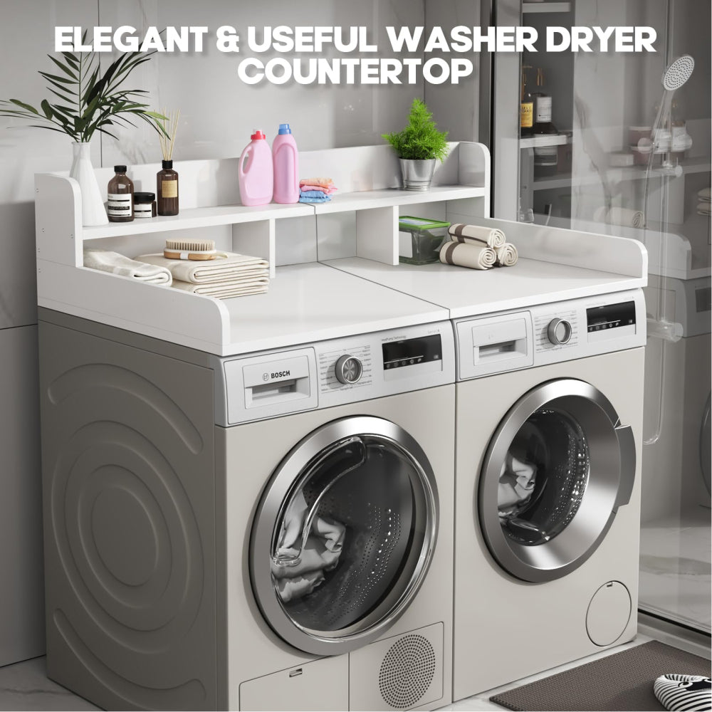 Washer Dryer Countertop with Non-slip Pads Laundry Wood Shelf Topper with Edge, 54" Width x 27.5" Depth Double Layer Organizer for Washer and Dryer Laundry Hamper Counter Storage Organization (WHITE)