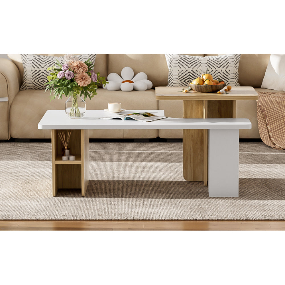 U-Can Set of 2 Nesting Coffee Tables Farmhouse,Rectangle Coffee Table Living Room,Wood Finish Coffee Table Set, Small Coffee Tables, Sofa Side Table for Living Room