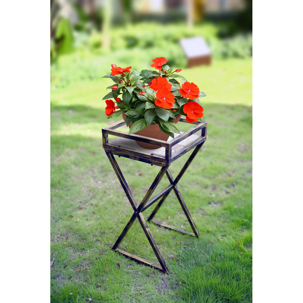 27" Gray Stone Slab Black / Gold Metal Plant Stand