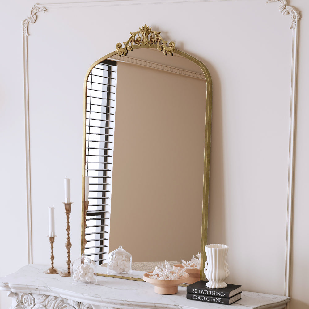 Wall Mirror 43x24 Inch Vintage Ornate Arched Floor Mirror Metal Framed Mirror Dressing Mirror, for Entryway, Living Room, Bedroom,  Antique Bronze