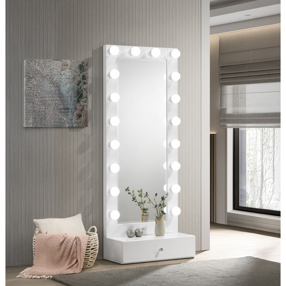 1pc Glam Tall Lighted Mirror with Drawer Box Beveled Mirror Crystal Knob Glossy White Finish Vanity