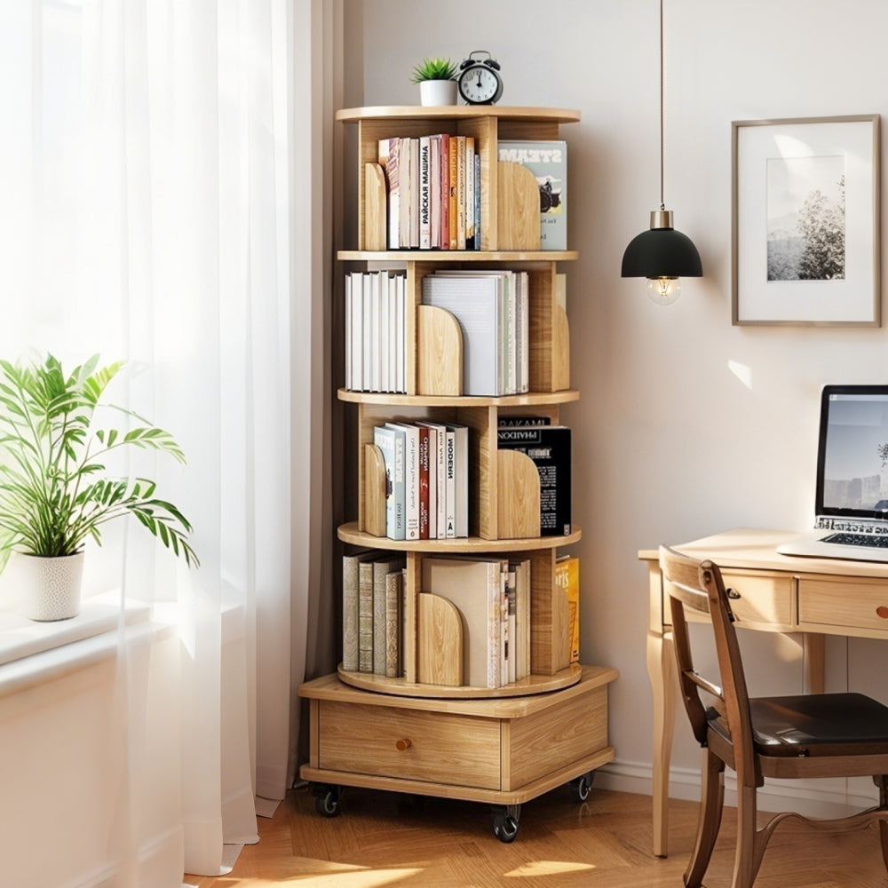 6 Tier Rotating Bookshelf, 360° Display Round Spinning Bookshelf with Wheels and Drawer, Space-Saving, Small Space Rotating Bookshelf Tower for Bedroom, Living Room, Home, Office, Wood Color