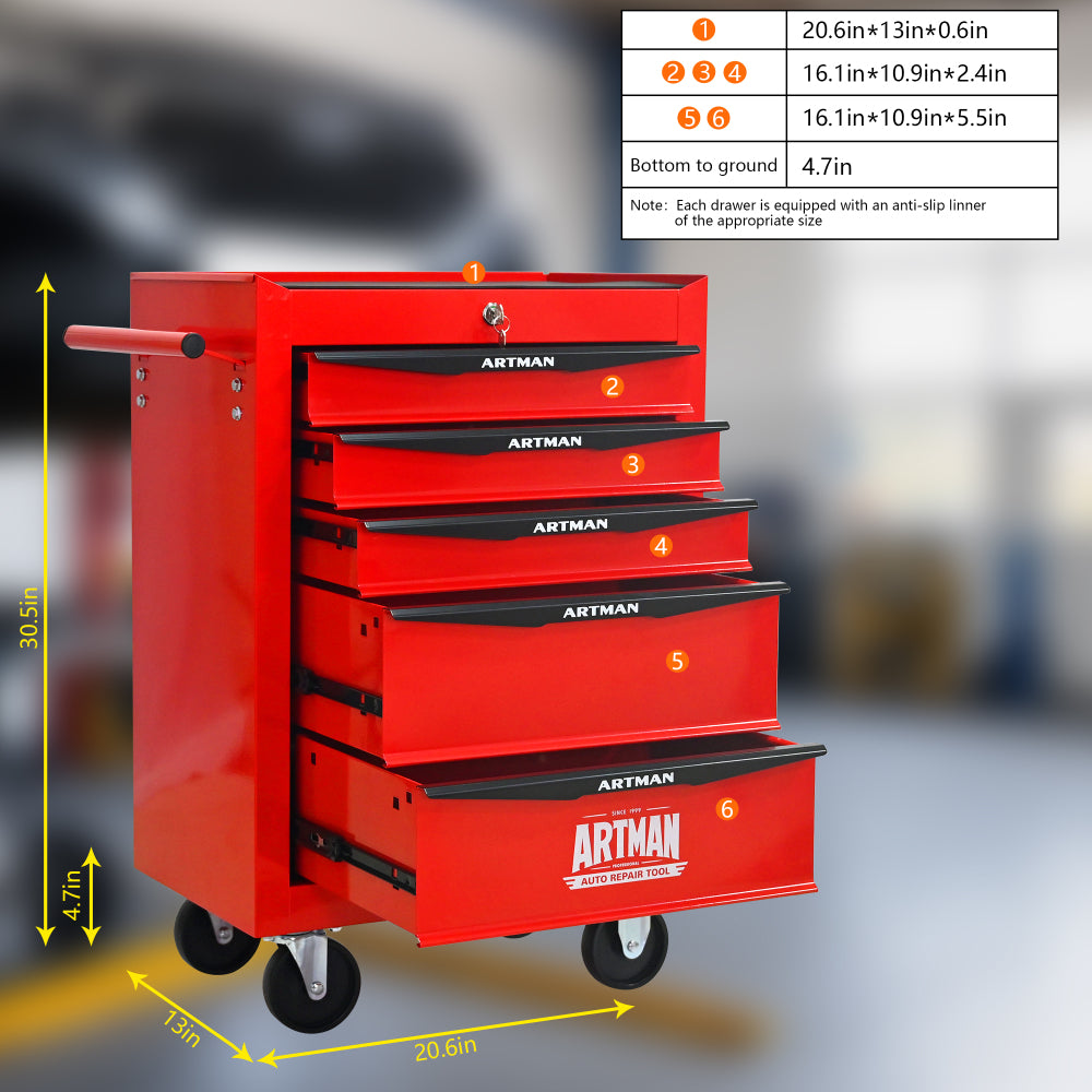 Rolling Metal Tool Chest with 5 Drawers, 20" 5-Drawer Tool Chest Cabinet with Ball Bearing Drawer Slides, Steel Tool Storage Box Organizer -Red&Black