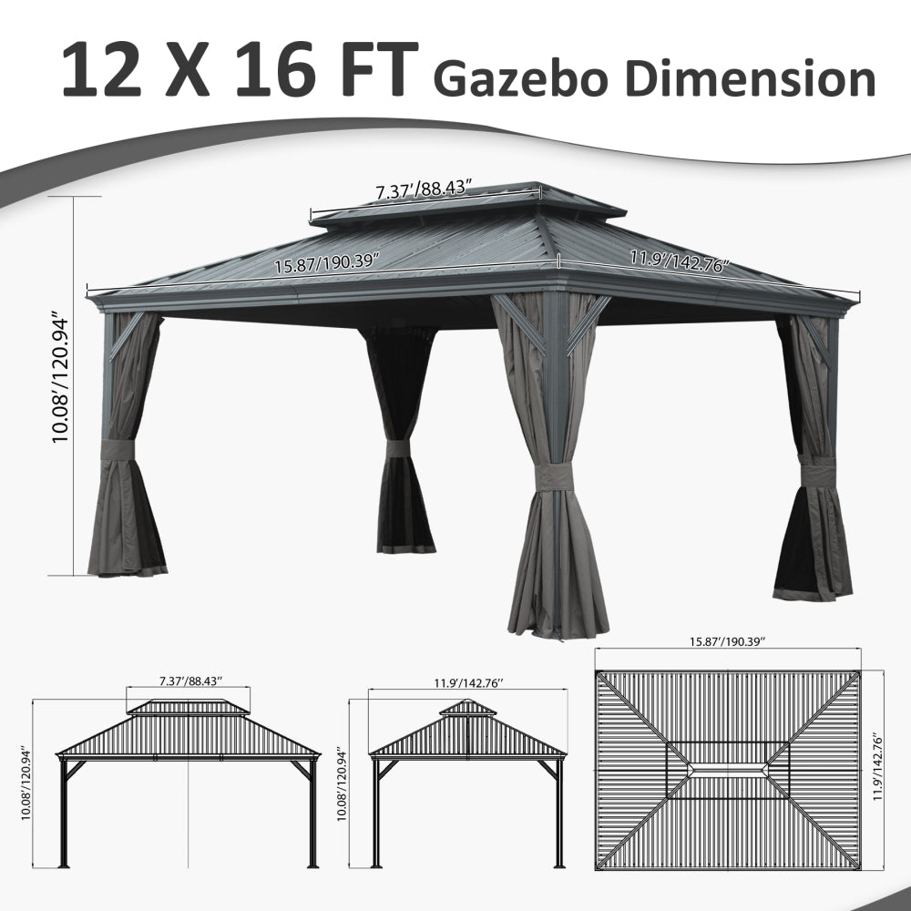 12' X 16' Hardtop Gazebo, Upgraded Metal Gazebo with Drainage System, Dual-Layer Galvanized Steel Roof, Curtain and Netting, Outdoor Shelter Canopy for Patio, Garden, and Backyard, Gray
