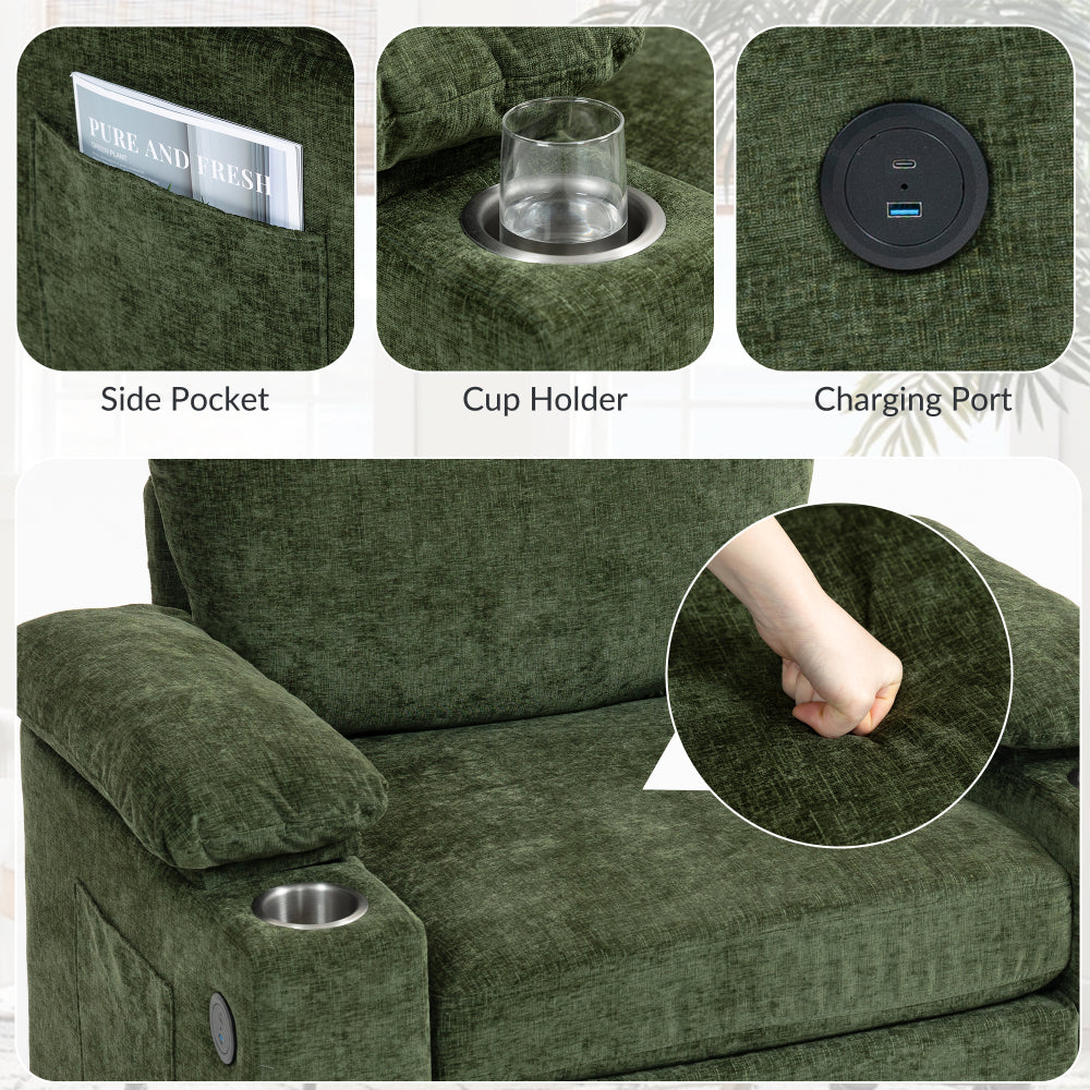 Modern Oversized Chair with Ottoman,Chenille Fabric Sofa Bed,Accent Chair Comfy Sofa with Cupholders and USB Charging Ports Chair for Living Room,Bedroom,Apartment