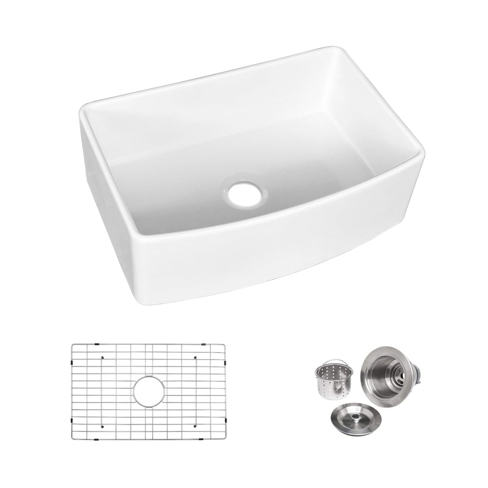 Fireclay 30" L X 20" W Farmhouse Arch Edge Apron Front Single Bowl Kitchen Sink