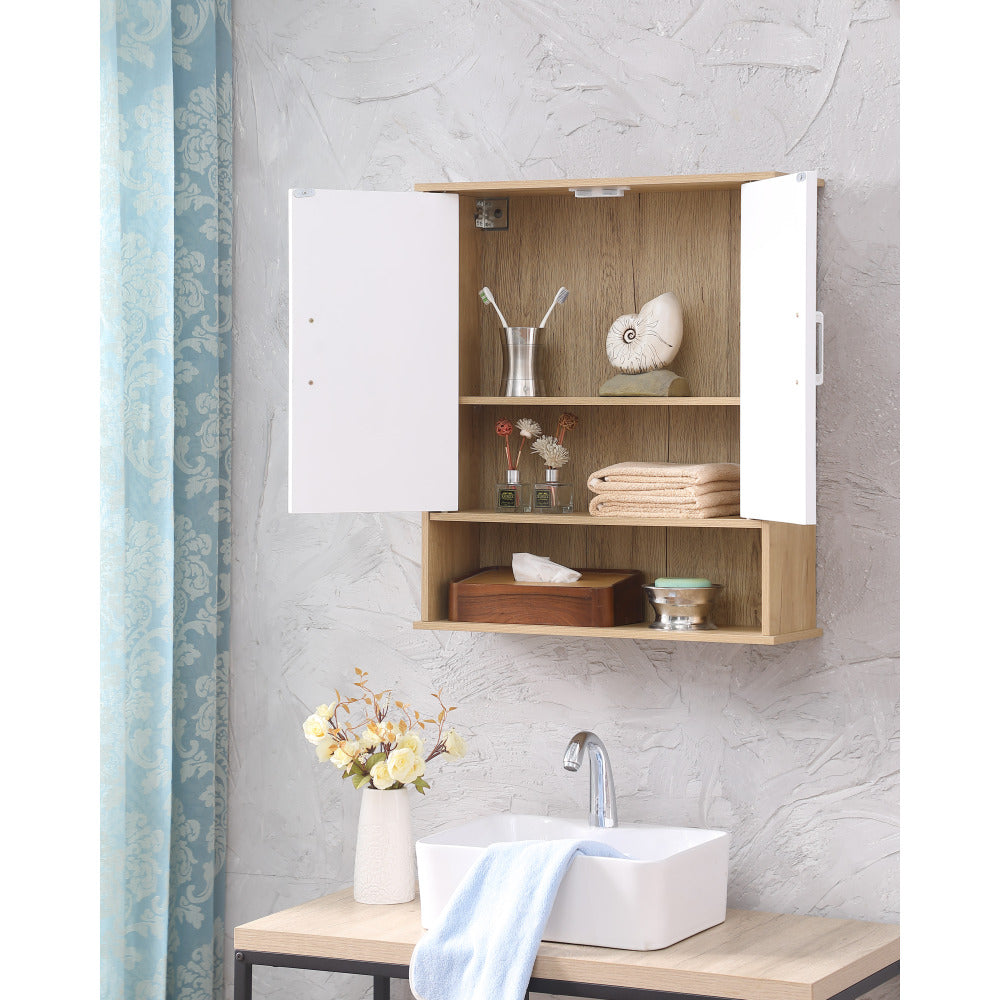 Bathroom Wall Cabinet with Double - Door, Bottom Shelf, Wavy - Patterned Doors, Adjustable Inner Shelf, Easy Installation, White & Natural Wood