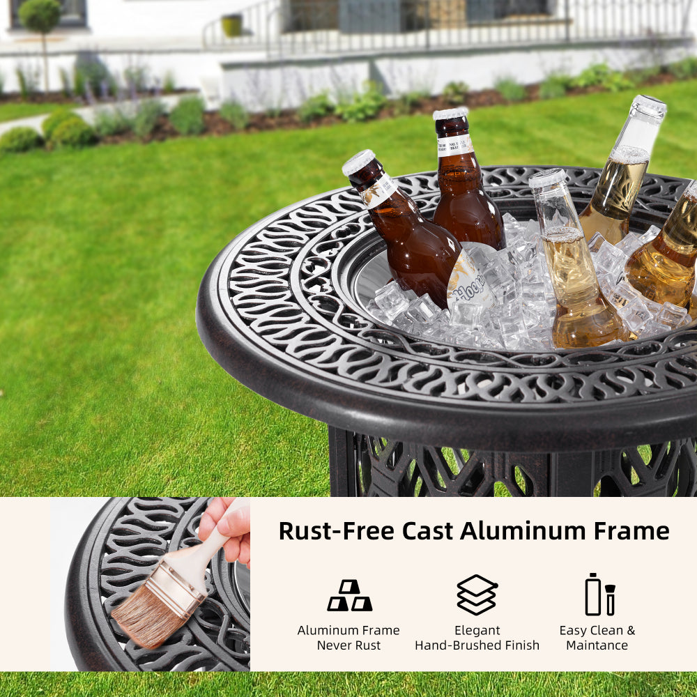 21"  Side Table With Removable Ice Bucket- Rustproof Cast Aluminum Frame, Hand-Brushed Finish, Food-Grade 304 Stainless Steel Bucket - Perfect for Indoor & Outdoor, Patio, Balcony, and Poolside