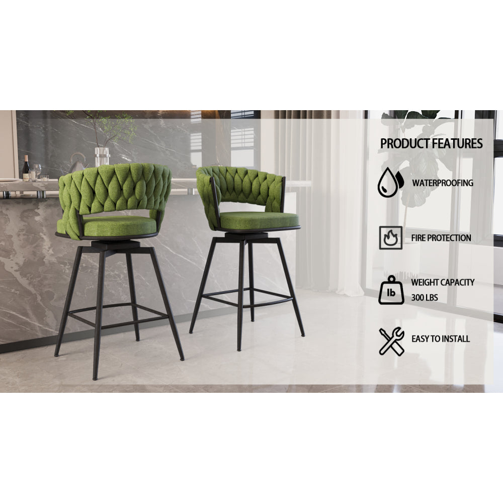 26" Bar Chair Linen Woven Bar Stool Set of 2,Black legs Barstools No Adjustable Kitchen Island Chairs,360 Swivel Bar Stools Upholstered Bar Chair Counter Stool Arm Chairs with Back Footrest (Green)