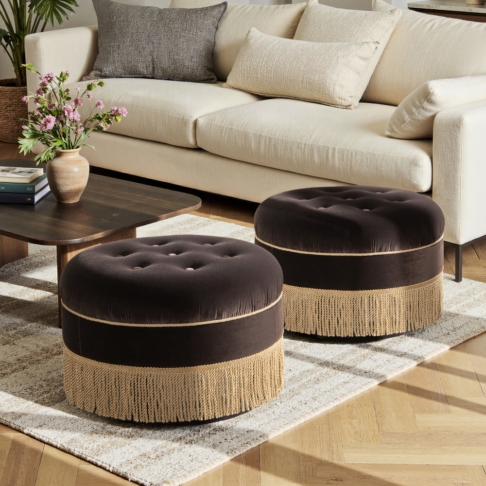 Yolanda 24" Round Upholstered Accent Ottoman, Peach Orange Velvet with Gold Trim