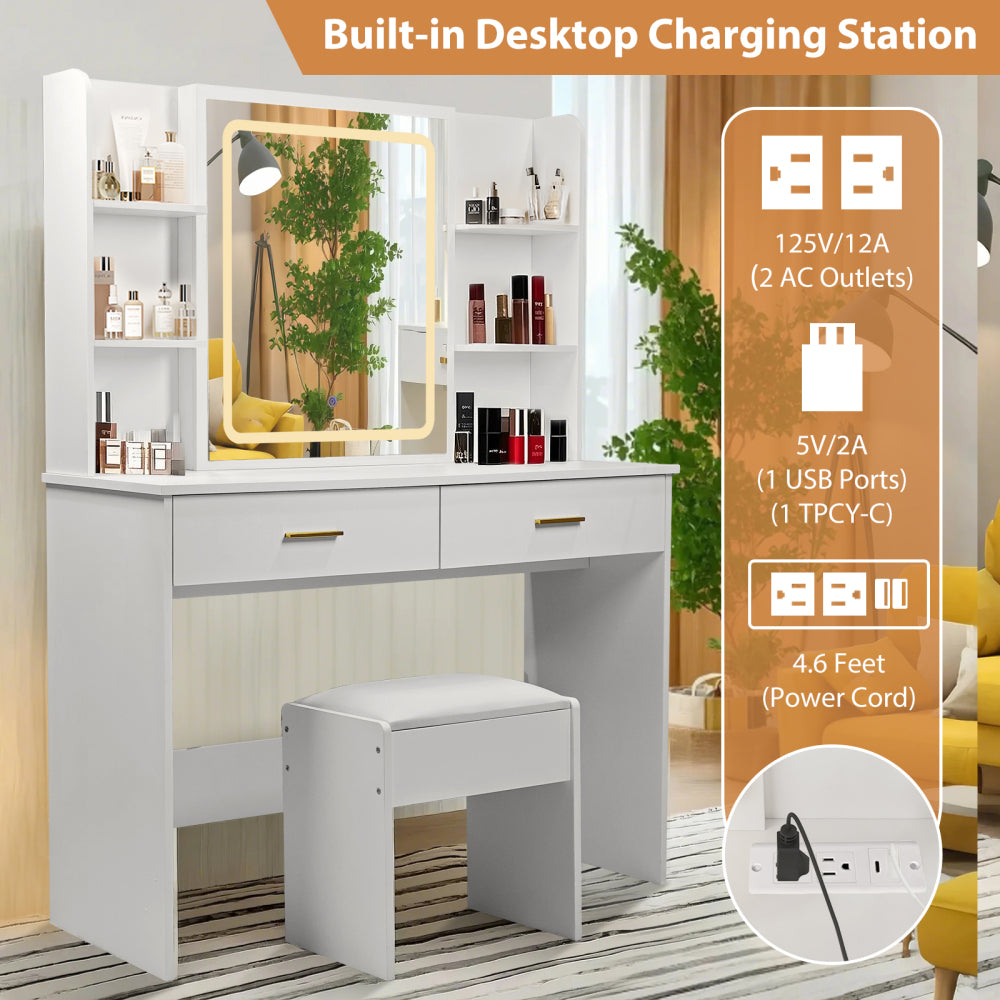 Vanity Desk with Mirror and Lights, Makeup Vanity with 2 Drawers and 6 Storage Shelves, 3 Lighting Modes Adjustable Brightness, Dressing Table with Power Outlet & Cushioned Stool for Bedroom, White