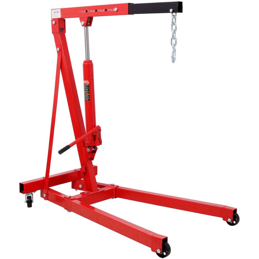 1500 LBS Folding Engine Hoist Cherry Picker Shop Crane Hoist Lift, Heavy Duty Steel with 4 Iron Caster Wheels, Red Color.