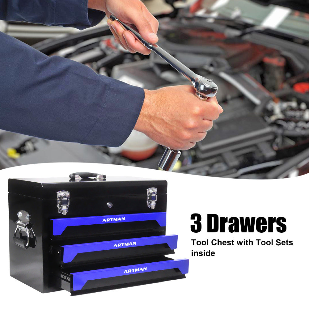 20'' Portable 3-Drawer Steel Toolbox, 4 Layers of Tools with Metal Latches, with Top Storage Tray and carrying Handle, Multi-Function Tool Storage for Garage, Home, or Workbench ,Black&Blue