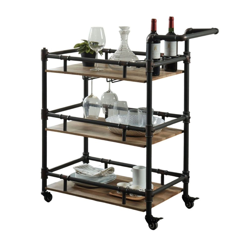 Industrial Style Antique Black Inspired Design Natural Oak 1pc Serving Cart 3-Tier Server w wheels