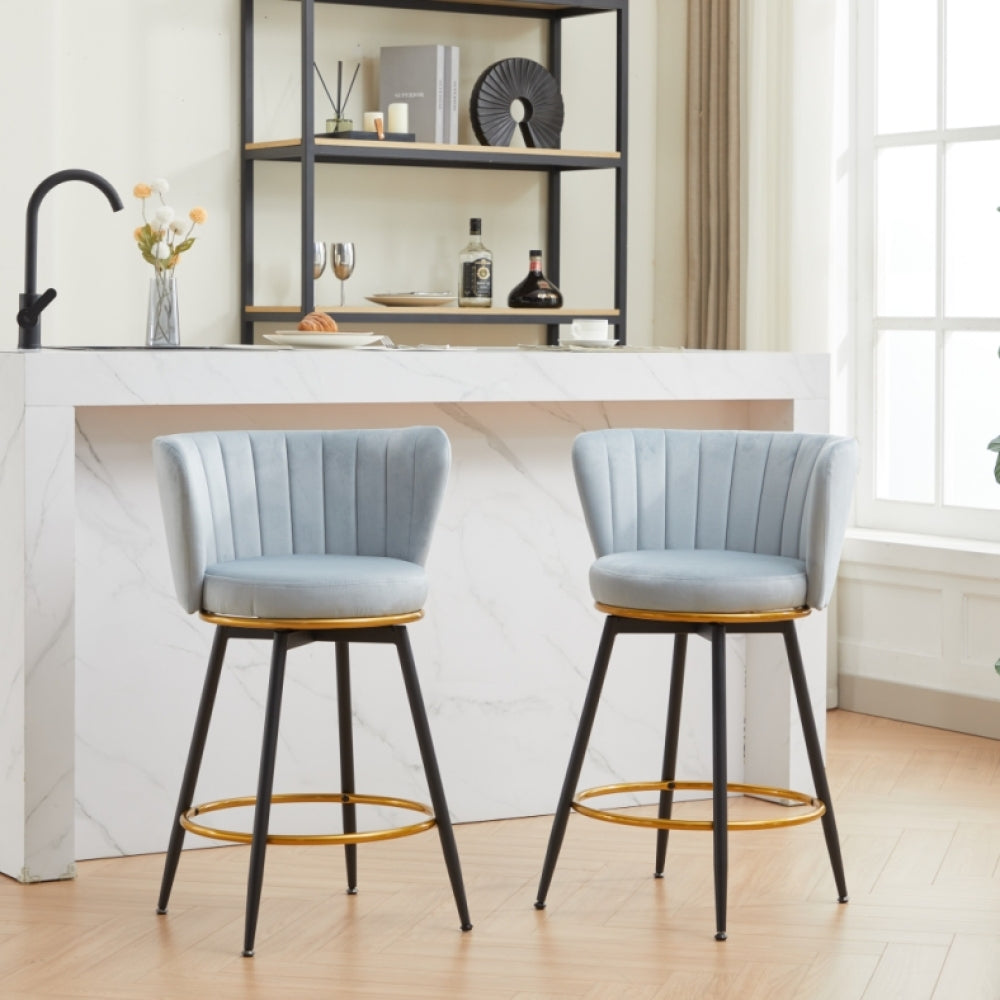 Counter Height Bar Stools Set of 2, 360° Swivel Upholstered Barstools with Backs and Metal Legs, 26" H Seat Height, Velvet Fabric,Goldy Footrest