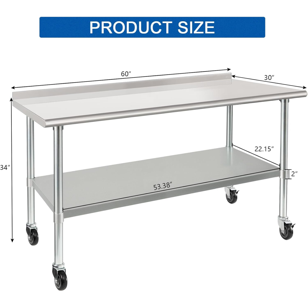 Stainless Steel Table 30 x 60 Inches Metal Prep Table with Wheels Casters Adjustable Undershelf Stainless Table for Commercial Kitchen, Outdoor, Restaurant, Hotel & Garage