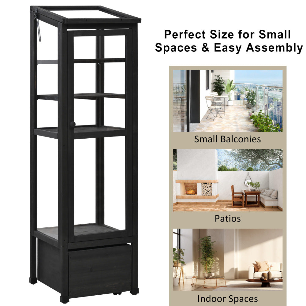 TOPMAX 62.4inch Height Wood Garden Greenhouse Balcony Portable Mini Cold Frame with Movable Storage Box and Adjustable Shelves for Outdoor Indoor Use, Black