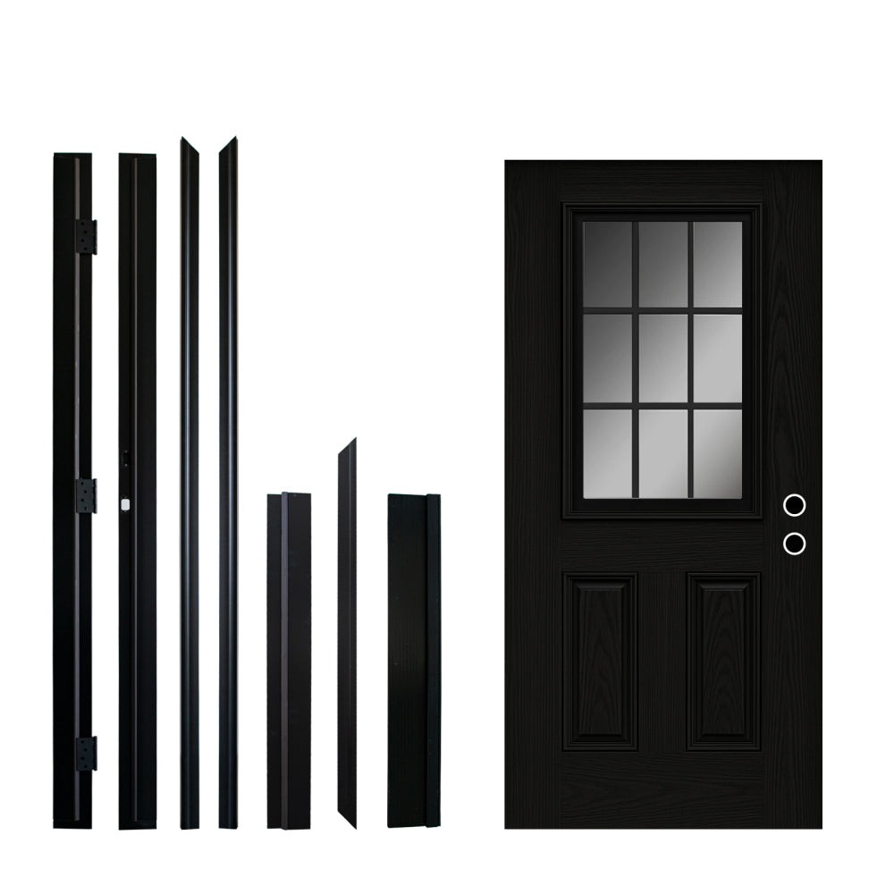 36 x 80 Fiberglass Entry Door with Brickmould, 6-9/16 in. Vinyl Frame,9 Lite Frosted Glass - Front Door for Home's Front Entrance, Left Hand Inswing, Black Wooden Grain Knock-Down Door