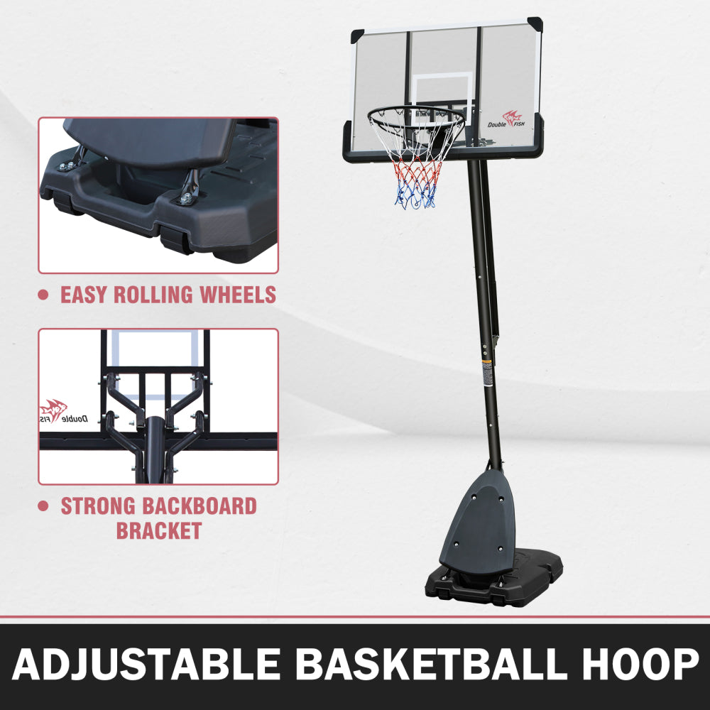 DOUBLE FISHUse for Outdoor Height Adjustable 7.5 to 10ft Basketball Hoop 44 Inch Backboard Portable Basketball Goal System with Stable Base and Wheels