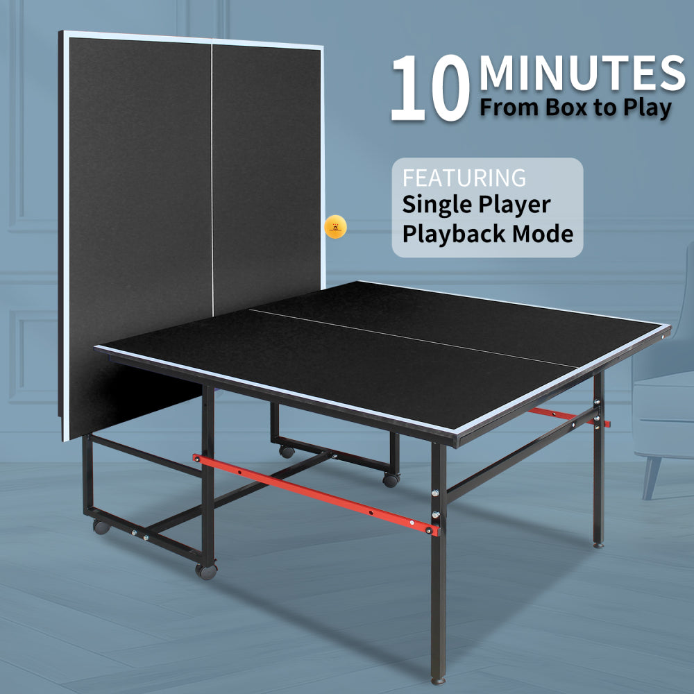 8ft Black Mid-Size Table Tennis Table Foldable & Portable Ping Pong Table Set for Indoor Games with Net, 2 Table Tennis Paddles and 3 Balls