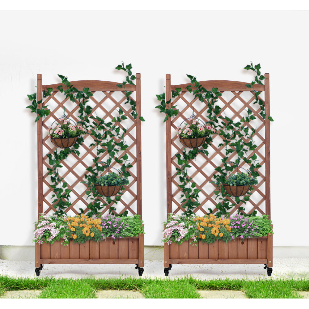 Raised Garden Bed with Trellis 2 Pack, Outdoor Wooden Planter Box & Plant Stand with Climbing Racks
