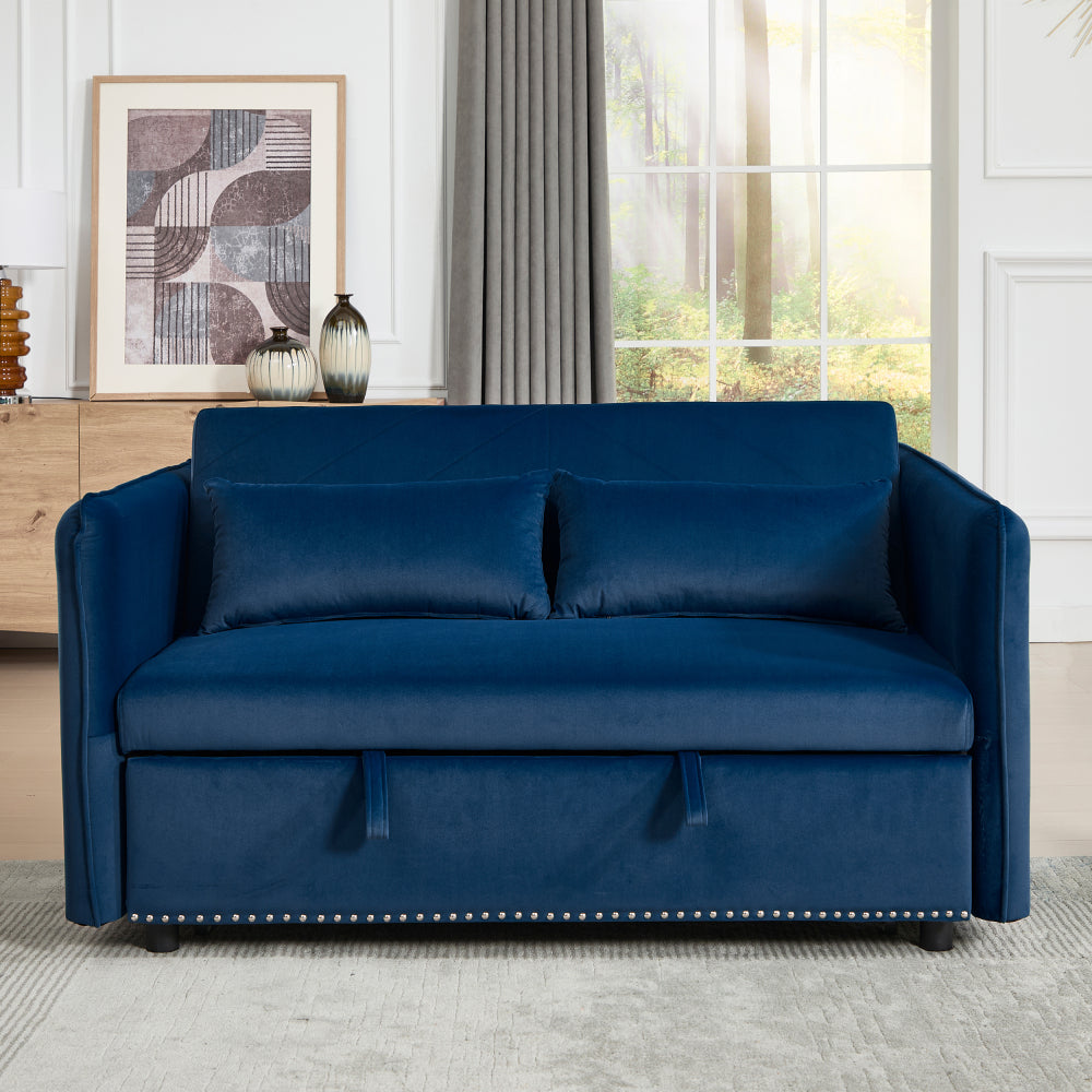 3 in 1 Convertible Sleeper Futon Sofa Bed, 55" Velvet Small Loveseat Lounge Couches with 2 Pillows, Reclining Backrest, Side Pockets for Living Room, Pull-Out Couch