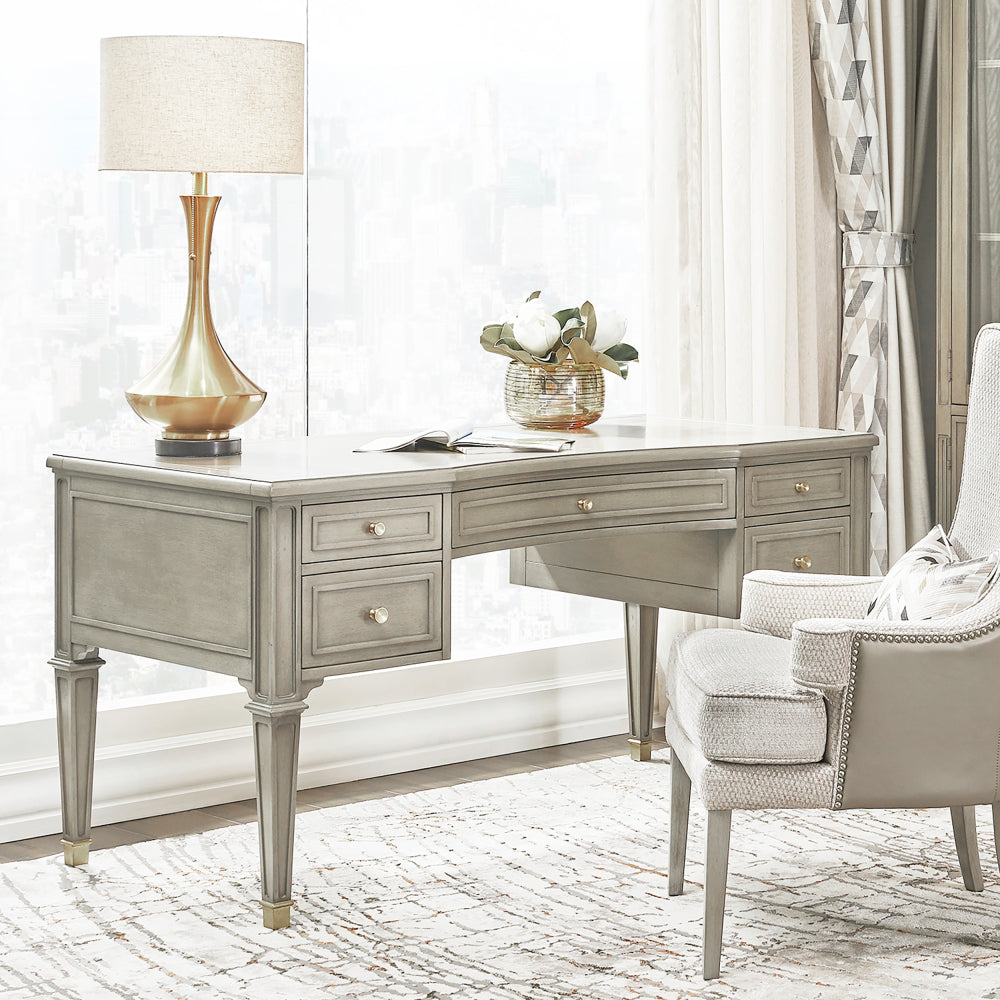 Dauphin Gold Accent 5-Drawer Wood Executive Desk, Natural Brown Wood