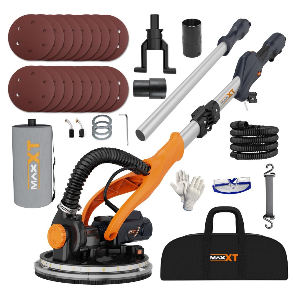 Drywall Sander with Vacuum Dust Collection, 6 Variable Speed Foldable Telescopic Electric Wall Sander, Popcorn Ceiling Removal Tool, 1900RPM Power Sander Tool, LED Light, 18Pcs Sanding Discs