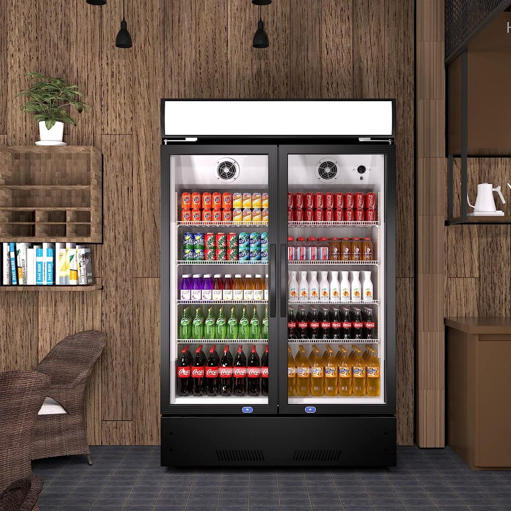 Commercial Refrigerator 2 Glass Door Reach In Cooler, Commercial Display Merchandiser Fridge, Capacity 17.1 cuft, ETL Approved, Black