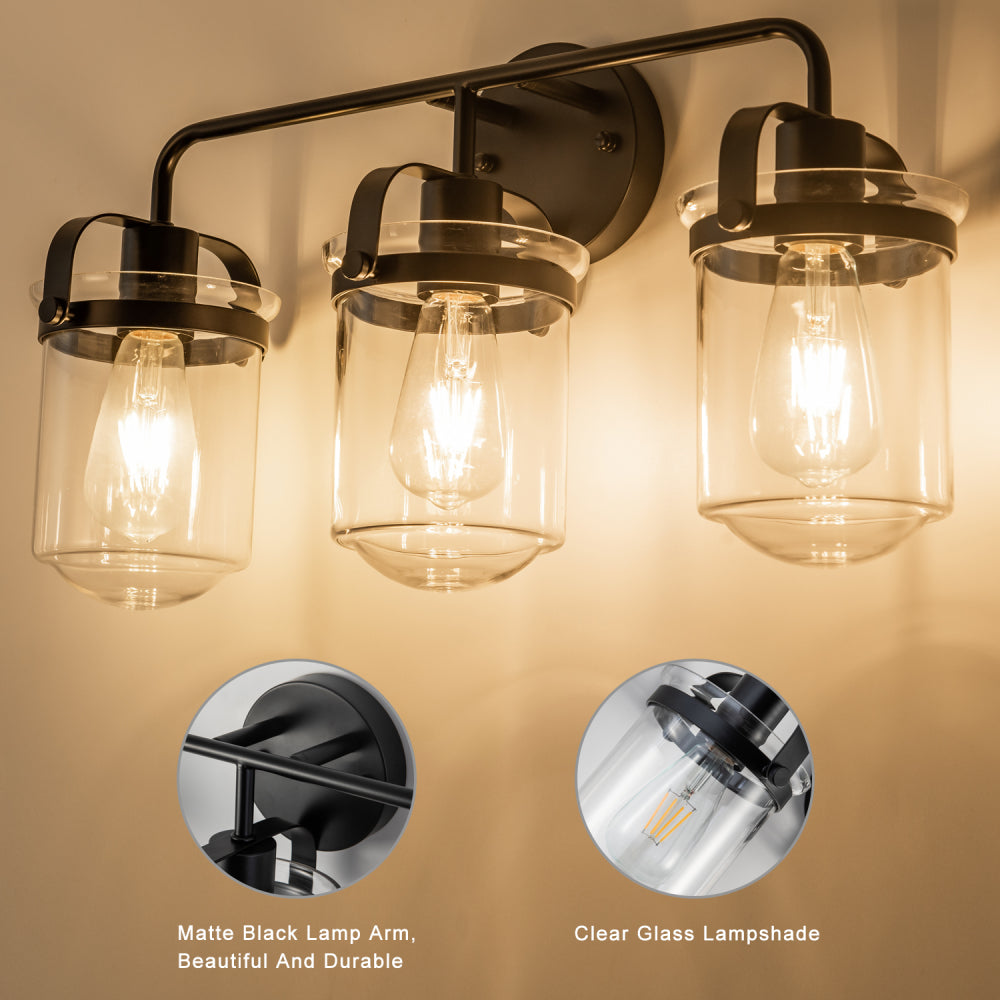 3-Light with Clear Glass Shade, Modern Sconce,  Industrial Indoor  Light Fixture for Bathroom Living Room Bedroom Over Kitchen Sink, E26 Socket,  [No Bulb]