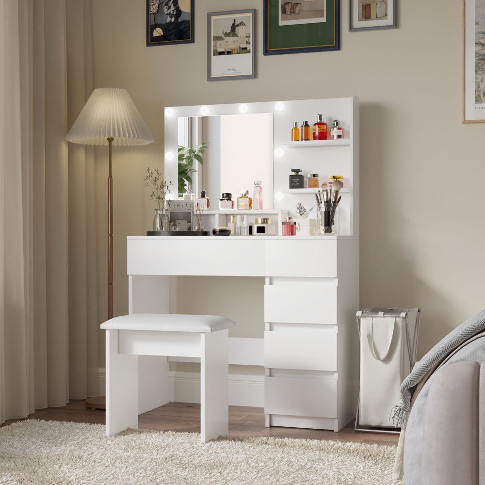 Vanity, Makeup Vanity Desk Set with Mirror & Light, Dressing Table Storage Lots with Power Strip, 3 Lighting Modes with Adjustable Brightness, 37 Inches  (White with Stool)