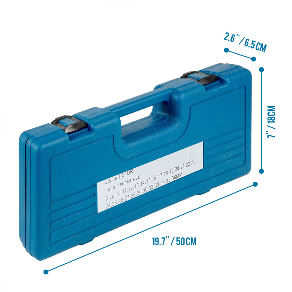Impact Socket Set 1/2 Inches 26 Piece Impact Sockets, Shallow Socket, 6-Point Sockets, Rugged Construction, CR-V, 1/2 Inches Drive Socket Set Impact Metric 10mm - 36mm, with a Storage Cage
