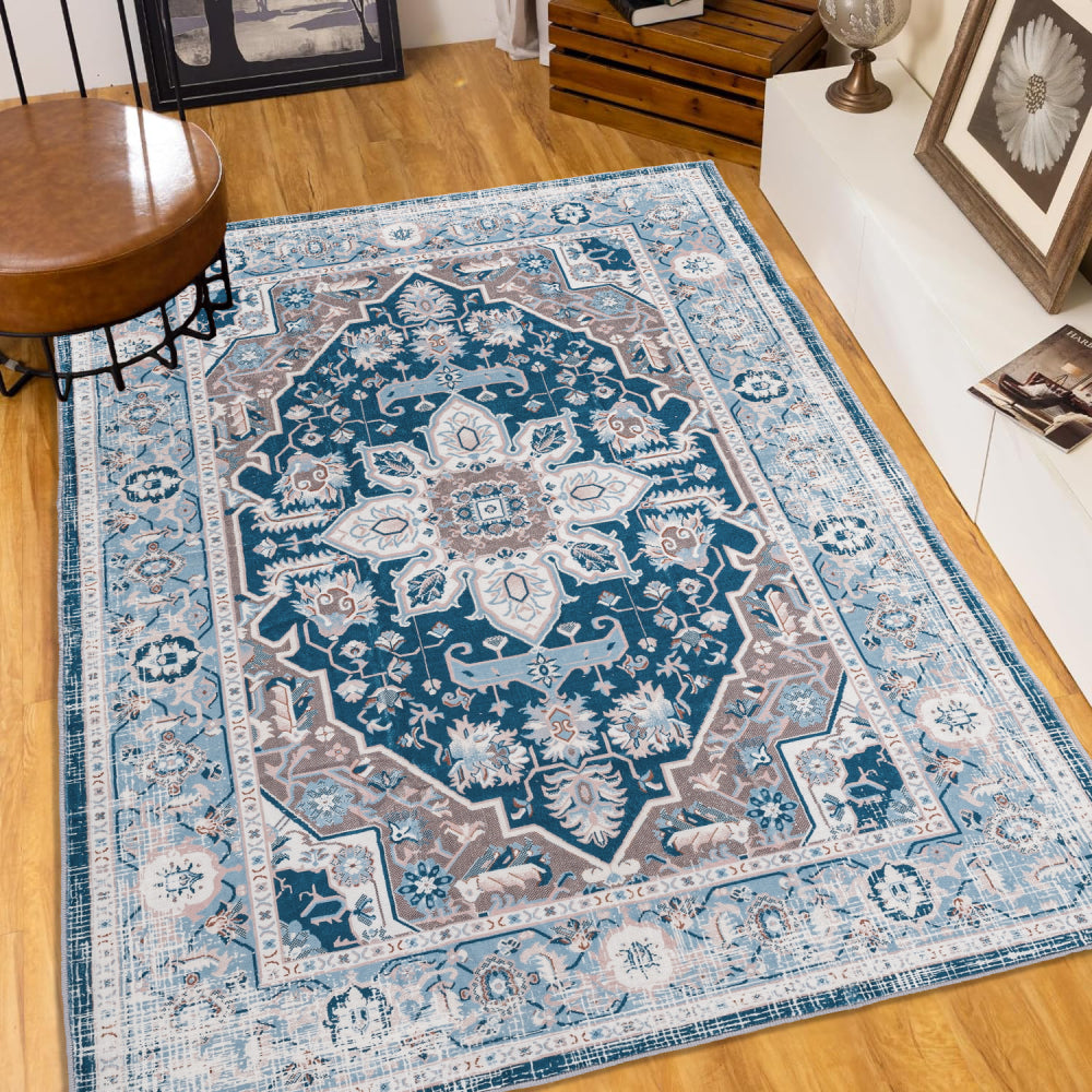 Area Rug 8x10 Vintage Bohemia Large Persian Non-slip Washable Rug For Living Room Kitchen Bedroom Living Room Flower Design Blue