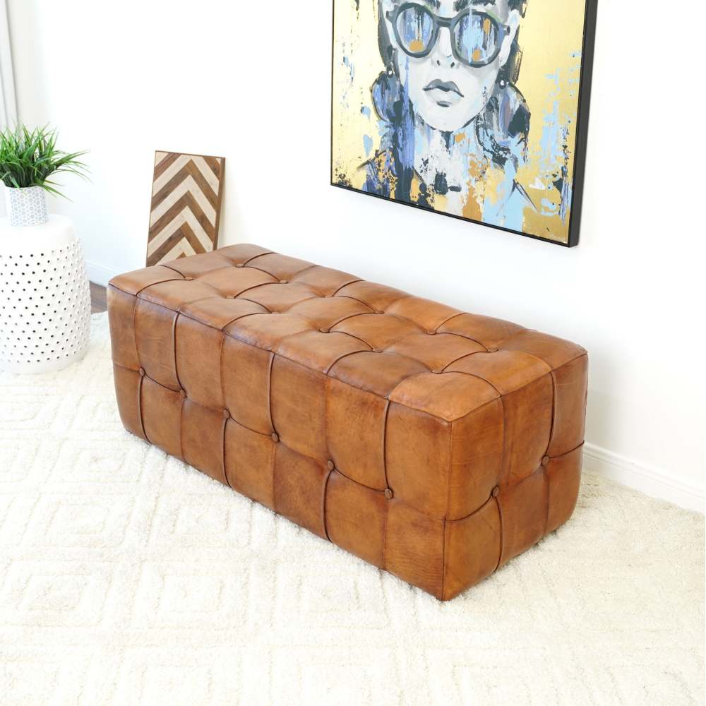 Benjiro Tan Leather Bench Ottoman Stool Leather Footstool Bench 17.7"H x 47.2"W x 19.7"D