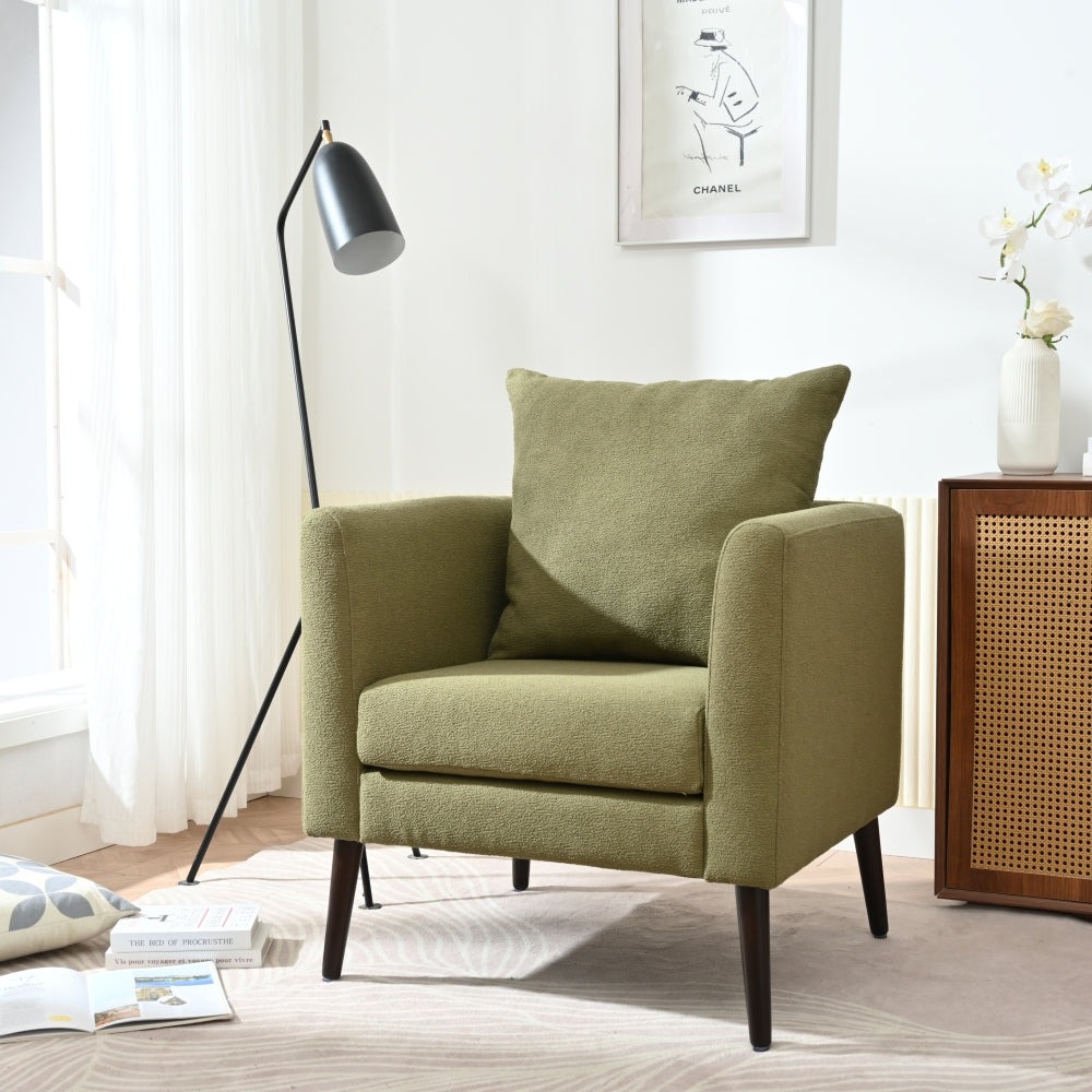 Modern Fabric Accent Chair, Upholstered Armchair for Living Room ,Mid Century Fabric Lounge Chair w/ Pillow, Comfortable Reading Chair with Wood Legs for Living Room, Bedroom,Reception Room (Olive)