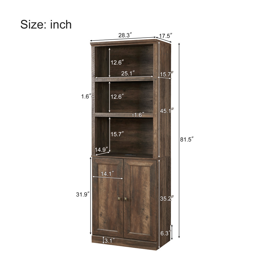 1 Doors Bookshelf with USB Port and 3 Open Shelves Bookcase Side Cabinet Storage Shelves, Rustic Brown