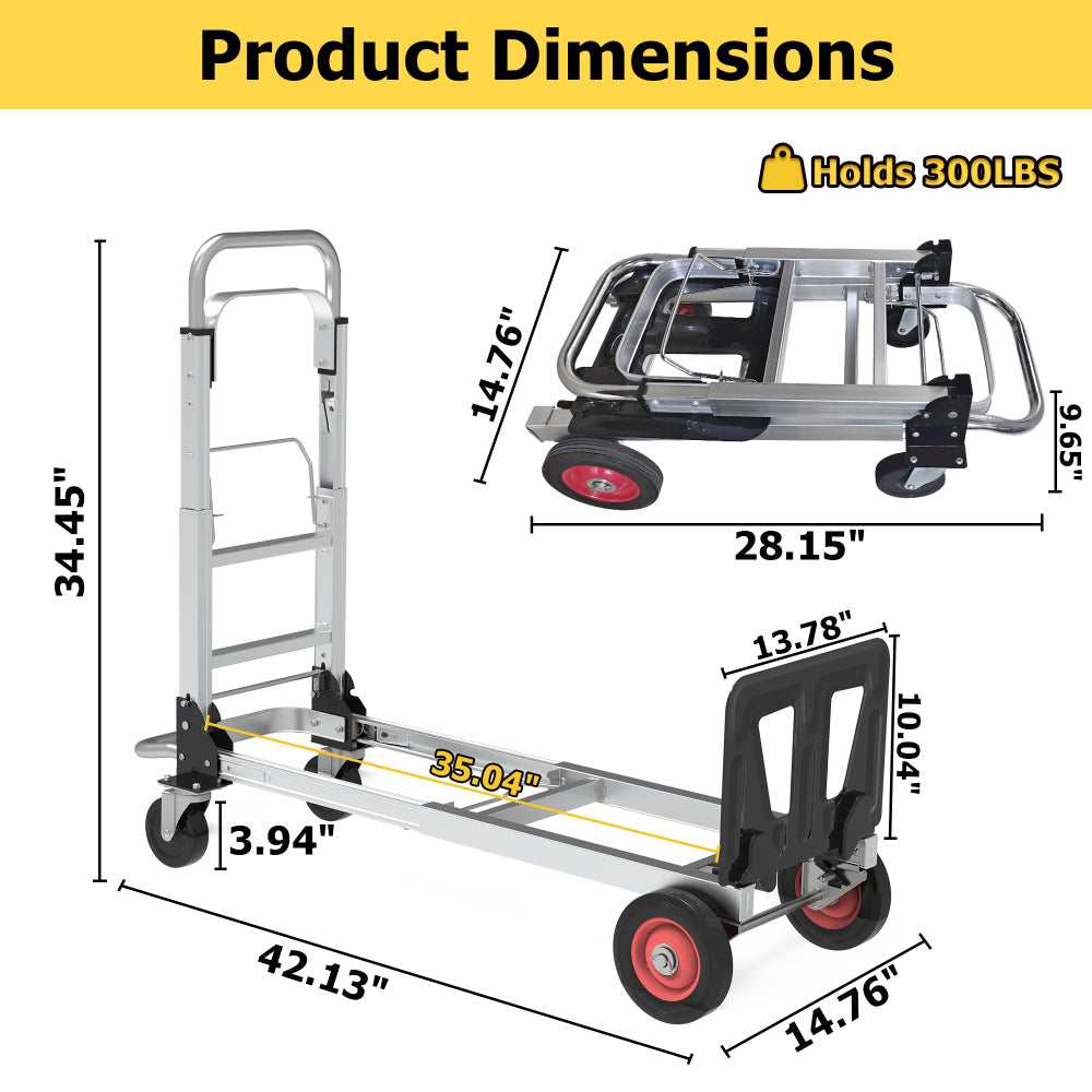 3 in 1 Convertible Hand Truck and Dolly with 5.9in Flat Free Rubber Wheels