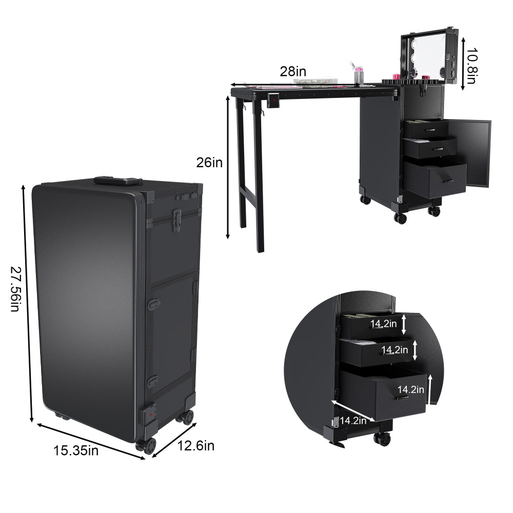 Portable Nail Art Table w/ LED Mirror, Bluetooth, Lockable Drawers, Telescopic Pole - Folding Manicure Station for Salons (Black)