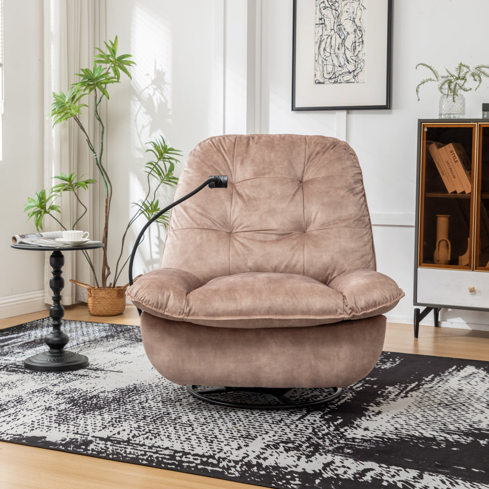 Natural brown recliner, reclining lazy chair, mobile phone holder, large and comfortable reading chair, swivel gliding rocking chair, gold-stamped velvet