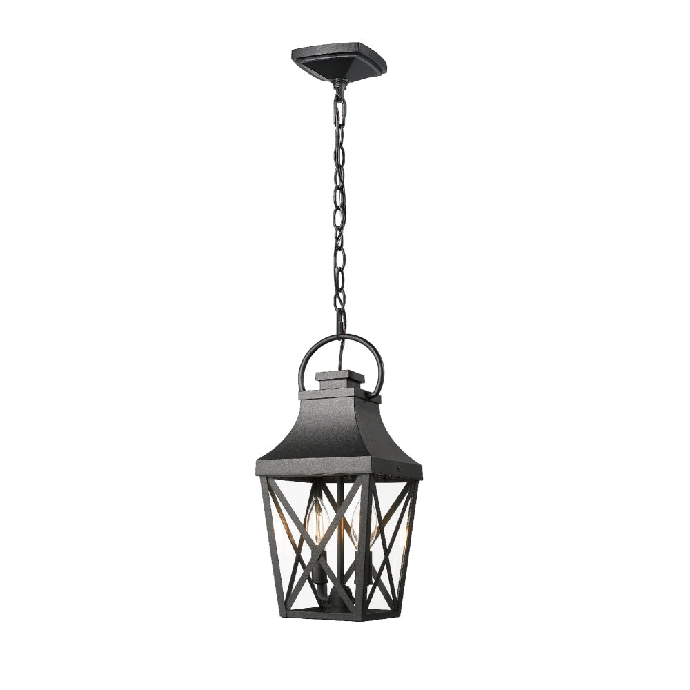 Black Outdoor Pendant Light 2-Light Outside Pendant Hanging Light Fixture Ceiling Mount with Clear Glass Industrial Hanging Cage Chandelier for Porch,Entryway,Doorway,Farmhouse (1 pack)