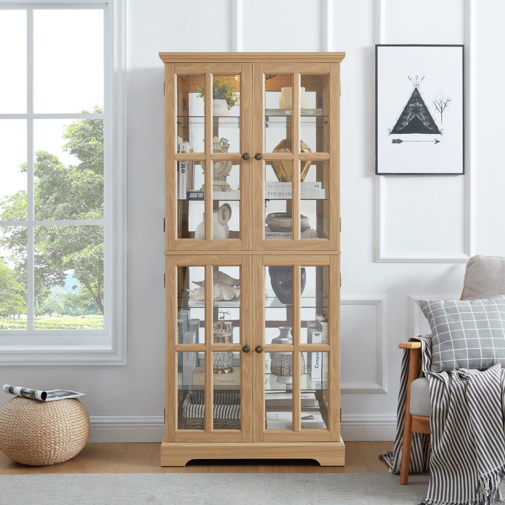 Curio Display Cabinet,Antique Display Cabinet with Glass Doors Adjustable Shelves for Collectibles Four Door Design Vintage Showcase for Home or Office Antique Display Case E26 Bulb Included  OAK
